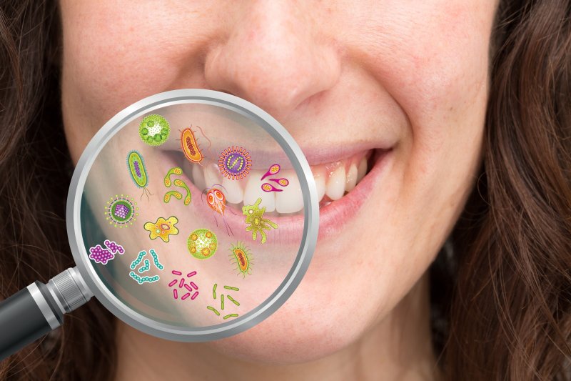 Magnifying glass showing bacteria in mouth.